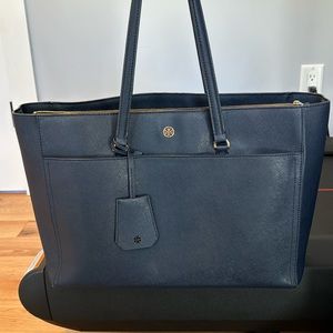 Tory Burch Tote Robinson Saffiano Leather Large Bag Navy Zipper Shoulder